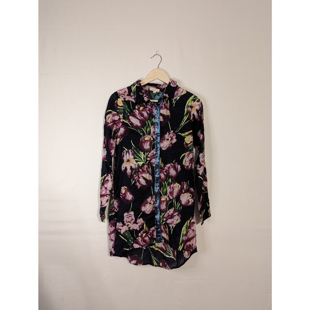 Oddi black floral button up collared button up long sleeve blouse womens small